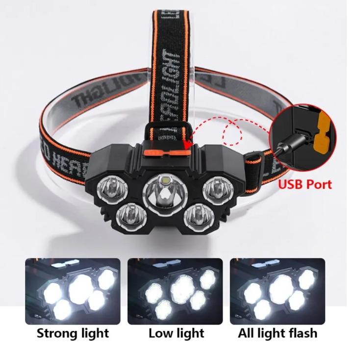 Налобный фонарь 5 LED с USB зарядкой — мощный свет